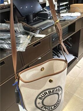 Burberry Canvas Messenger Bag in Beige with Brown Trim